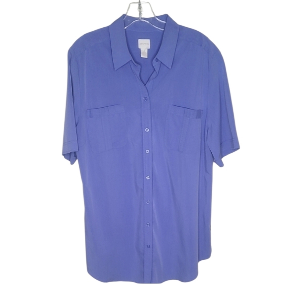 Chico's Button Front Short Sleeve Smokey Blue Blouse